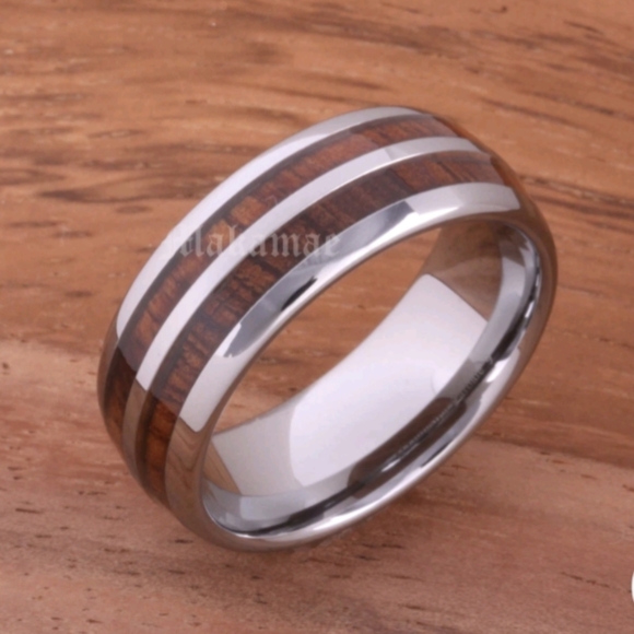 Stainless Steel with Hawaiian Koa Wood Wedding Ring Comfort Fit 8mm (Oval Style)
